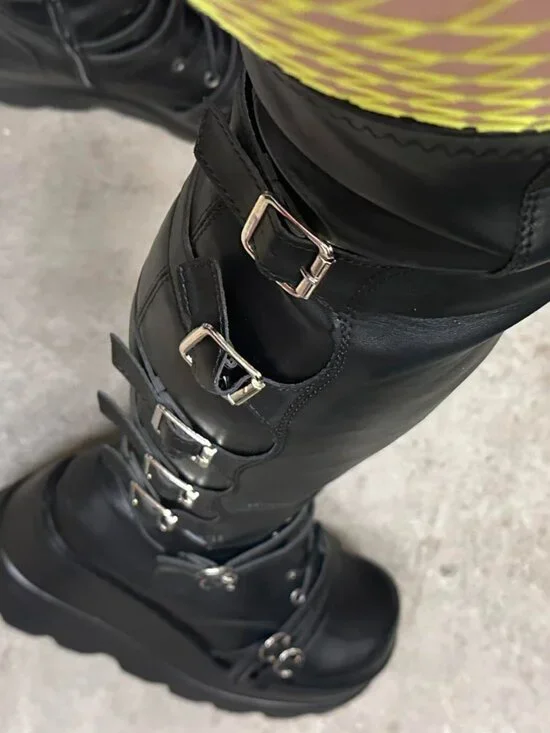 Women Black Faux Leather Over Knee Thigh Goth Buckles Side Zip Lace Boots 5.5-10 - Picture 5 of 8